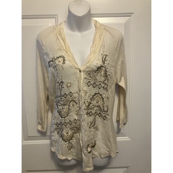 Anthropologie Tops - Anthropologie TINY Embroidered Ivory Shirt Top V-Neck Boho Festival Size XL